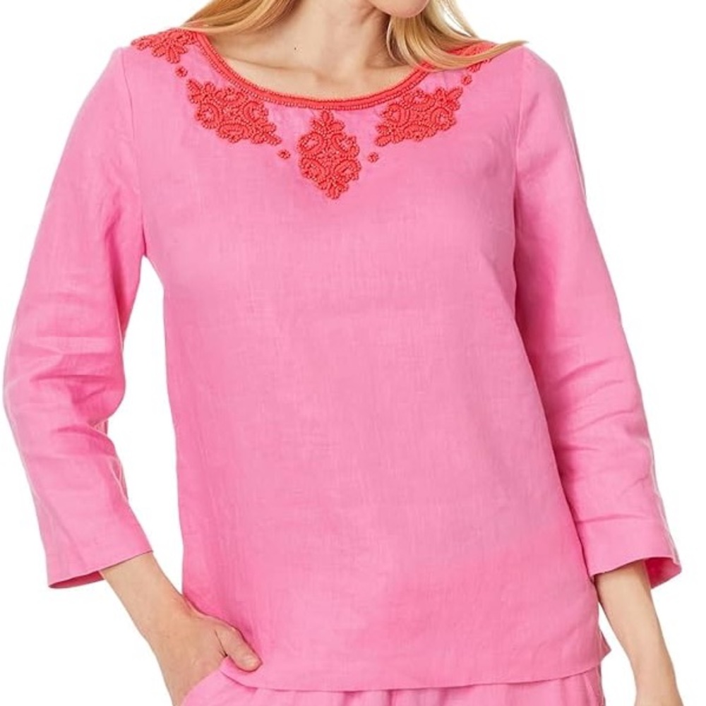 Lilly Pulitzer Pink Linen Top with Red Embroidery